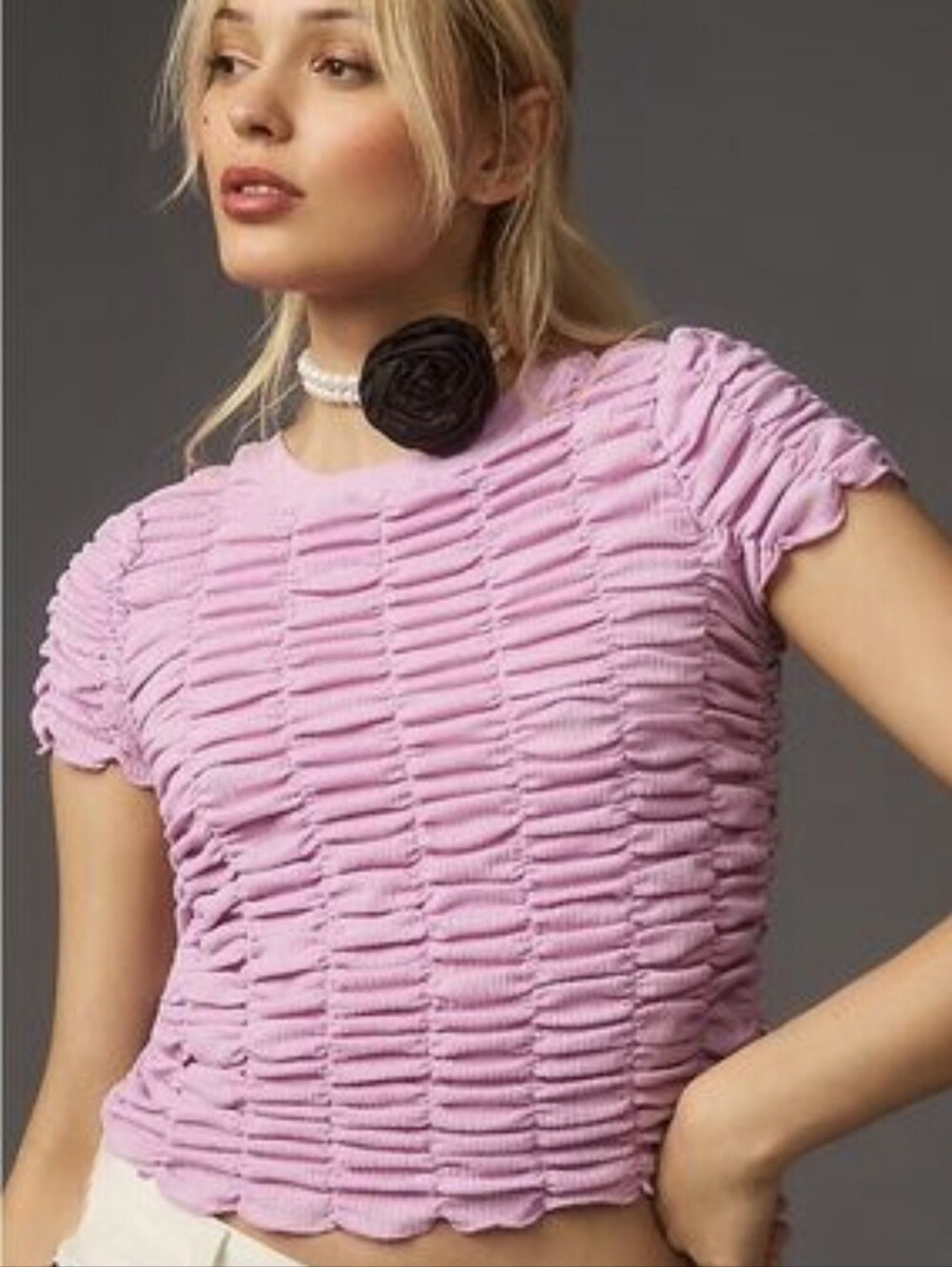 Anthropologie Ruched Baby Tee Lilac Purple XXS Y2K Coquette Ribbed Crop Top 80's